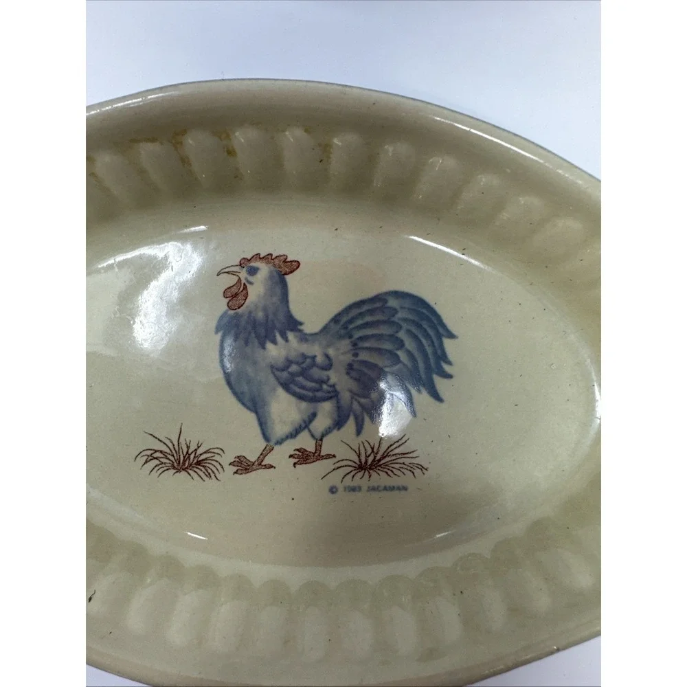 JACAMAN Lot 2 1983 Casserole dishes vintage ROOSTER CHICKEN Blue Cream Farmhouse